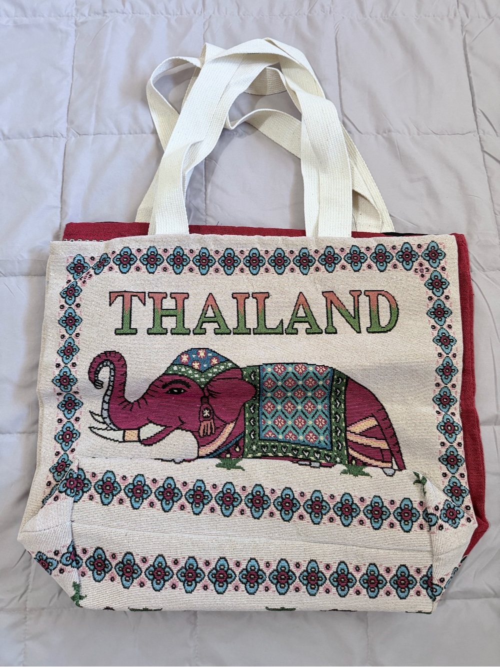 Thailand Canvas Tote Bag with Pink Elephant Print